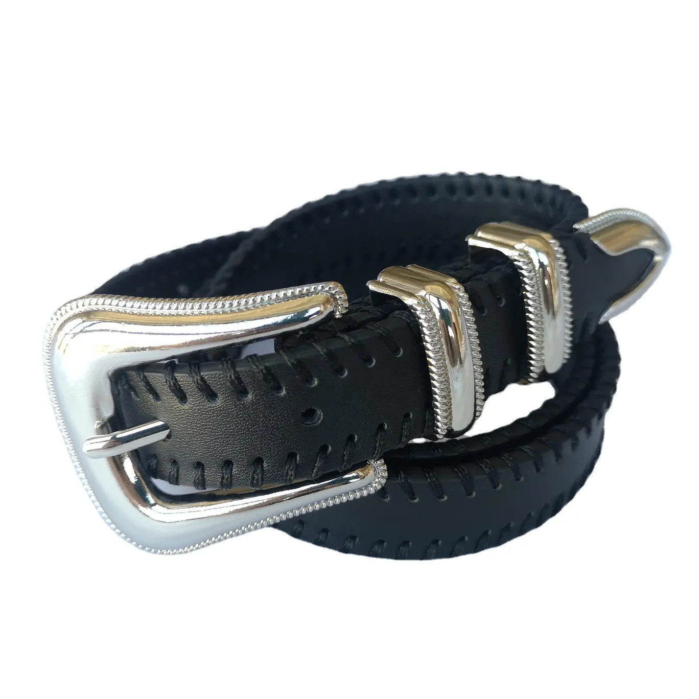 New Ladies Fashion Casual PU Belts in Four Metal Buckle Sets and Pure Handmade Plaited Finish Around Strap Edge