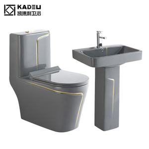 Ensemble de toilette de salle de bain populaire <span class=keywords><strong>Wc</strong></span> cuvette de toilette et évier sur pied articles sanitaires en céramique cuvette de toilette de couleur grise - Product Image 4