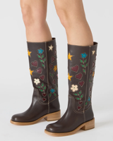 Nouvelles Bottes Hautes Femme 2026 Tendance Style Cowboy avec Patchwork Fleurs Colorées, Étoiles et Cœurs