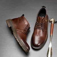 Bottes pour hommes automne/hiver mi-mollet rétro décontractées en cuir à bout rond pour l'extérieur en cuir de vachette à lacets à semelle épaisse antidérapantes