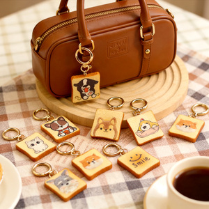 Cute Toast Shape PVC Keychain Cartoon Pet <b>Cat</b> Dog Print Wood Key Ring Bag Charm Custom Animal Key Holder for <b>Gift</b> Souvenir - Product Image 2