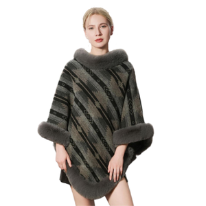 Capa de jacquard de moda para mujer con ribete de piel sintética, abrigo cálido, chal elegante para bodas y deportes de nieve - Product Image 6
