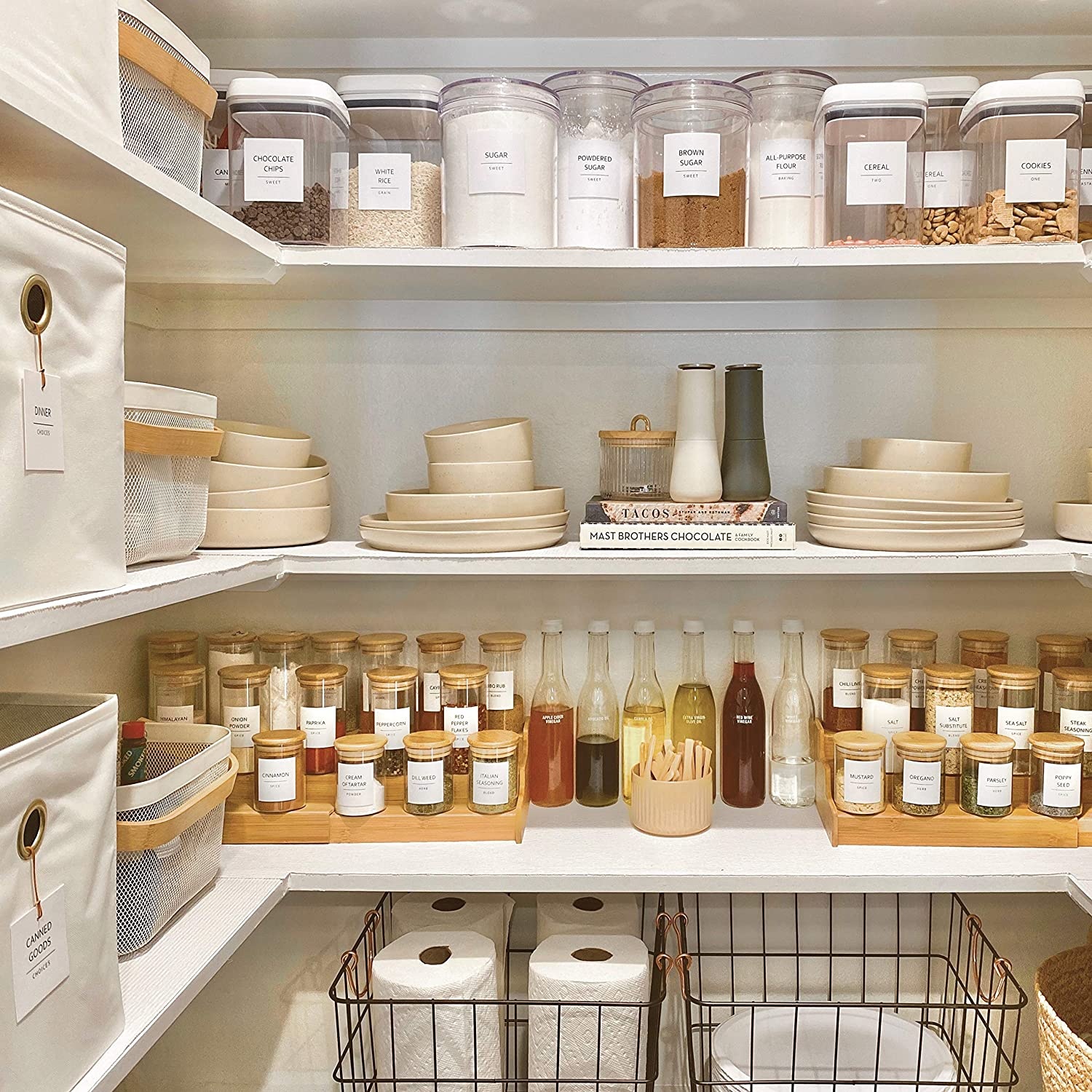 144 Minimalist Pantry Labels Set. Black Print on White removeable kitchen labels