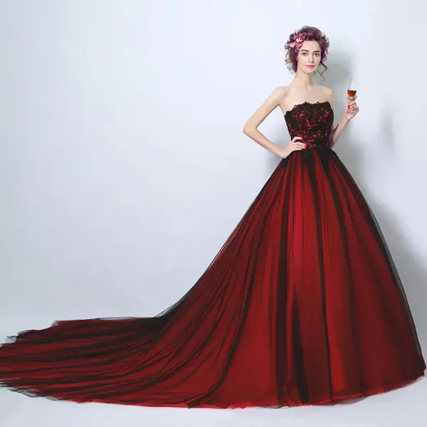fitted lace wedding dress Burgundy Satin and Black Lace Floor Length Prom Dress, Off the Shoulde main image 0