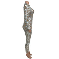 Combinaison sexy à manches longues en sequins argentés effet miroir pour femme, tenue de soirée, combinaison moulante une pièce, tenue de festival