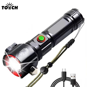 Lampe torche tactique d'urgence, outil d'évasion automobile, brise-vitre, coupe-ceinture de sécurité, batterie externe, type-C, torche LED zoomable - Product Image 1