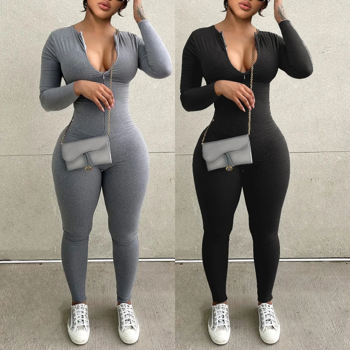 Fall New Hot Sale Sexy Bodysuit For Women Solid Color Long Sleeve Zipper Bodycon Sporty Clothing Rompers Women's Jumpsuits