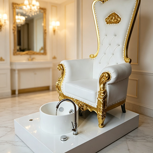 Fauteuil de pédicure sculpté Royal Gold, fauteuil de massage des pieds à dossier haut, en cuir PU blanc, station de pédicure avec bassin pour les pieds - Product Image 6
