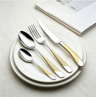 Service de table 24 pièces avec manches martelées dorées, couverts en acier inoxydable 201, finition poli miroir, pour 6 personnes, cadeau de mariage