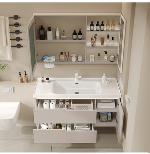 New White Luxury New Design Bathroom Vanity Set with LED Light Mirror <b>Waterproof</b> MDF Storage Cabinet <b>Wall</b> Mounted Free Standing - Product Image 2