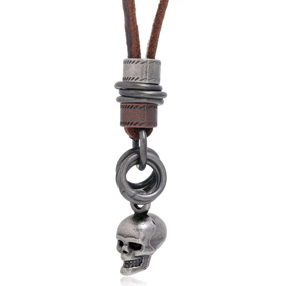 Nuevo diseño creativo joyería Retro calavera colgante collar moda Simple cuero cuerda Collar para hombres