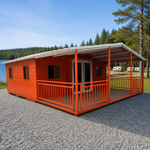 Casa Contenedor Expandible de 20 Pies con Terraza Cubierta, Panel Metálico Rojo, Cabaña Prefabricada para Retiro en el <span class=keywords><strong>Bosque</strong></span> y Estadía Vacacional - Product Image 1