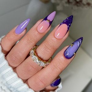 Faux ongles français ABS nude violet foncé, ongles à presser en amande avec motifs linéaires, réutilisables, 24 pièces - Product Image 1