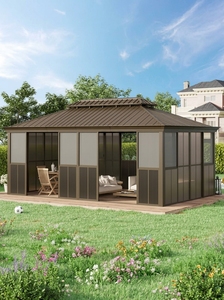 Gazebo de Aluminio de Doble Techo Resistente con Cortina de Privacidad y Malla Protectora, Pabellón para Patio Exterior LC07, Resistente a Tifones - Product Image 3