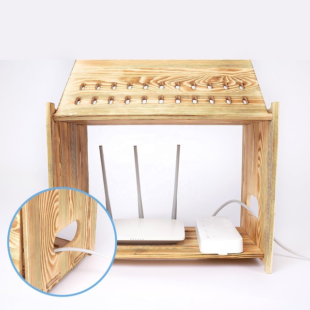 Wood Router Projector Shelf Stand Modem Cable Storage Box Power Strip Cord Management Hider Rack Office Decor