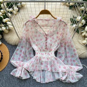 Camicette Estive da Donna in Chiffon con Scollo a V, Maniche Lunghe a Lanterna, Fiocco, Vita Arricciata e Peplum con Volant - Product Image 3
