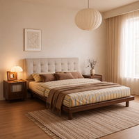 Lit double moderne rétro en bois de noyer avec tête de lit capitonnée en tissu pour chambre principale, mobilier de maison, vente en gros