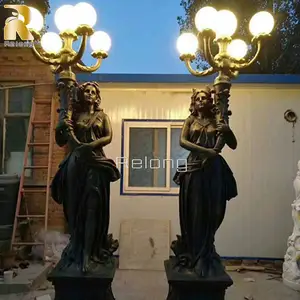 Life Size Decorative Antique Bronze Lady Statue Holding Lamp For Sale