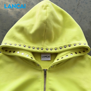 Lancai OEM Zip éponge française personnalisé surdimensionné Boxy Fit Streetwear 420 Gsm hommes fermeture éclair poids lourd strass fermeture éclair à capuche - Product Image 4