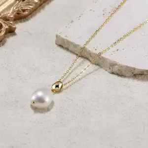 RINNTIN GPN48 Pearl Pendant Necklace Round Freshwater Cultured Pearl 925 Sterling Silver Chain Pendant 14k Gold Plated