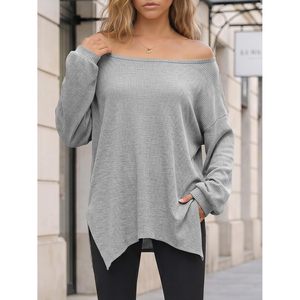 Custom Womens <b>off</b> <b>Shoulder</b> Polyester Sweatshirt Oversized <b>Long</b> <b>Sleeve</b> Ribbed Knit Pullover Casual Side Slit Loose Tunic <b>Top</b> - Product Image 2