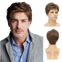 Frange latérale brune pour hommes matures européens et américains légèrement bouclés à la mode casque tout match perruque invisible garçons cheveux courts