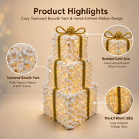 Lot de boîtes cadeaux de Noël en fer texturé lumineuses, 3 tailles, ruban doré tricoté, LED chaudes, pour décoration intérieure, style européen et américain