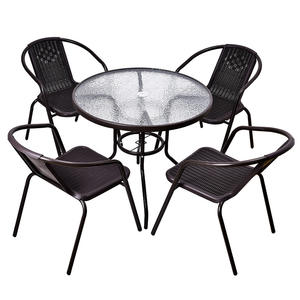 Mesa y Sillas Plegables para Exteriores, Mesa de Centro de Vidrio Templado, Mesa Redonda de Hierro Forjado Resistente al Agua - Product Image 1