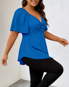 Chemisier décontracté à col en V et manches courtes nouées, tricoté avec motif 3D, pour femme grande taille, été-automne - Product Image 2