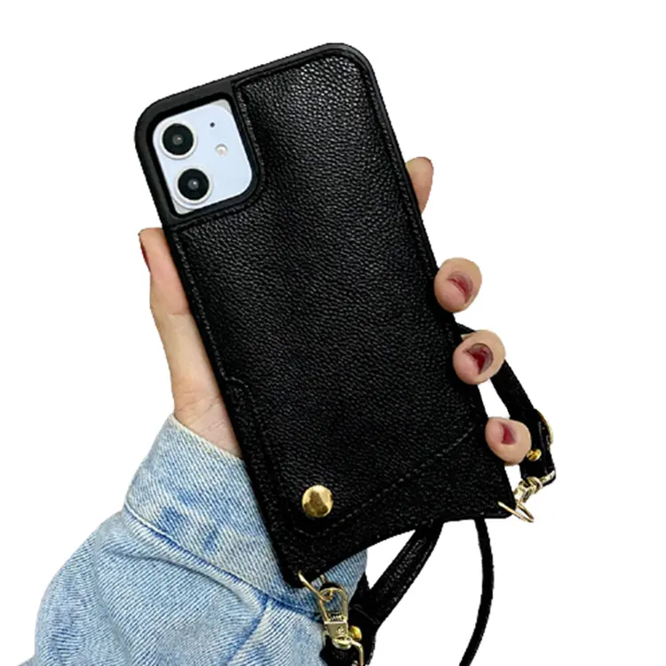 Luxury Plain With ID Card Pocket Crossbody Strap Cover Cell Phone Cases For iPhone12 13 Pro Max