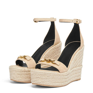 Sandalias de Plataforma con Tiras de Paja Trenzada para Mujer, Tacones de Cuña Alta con una Sola Tira, Adornos Metálicos Retro, Correa en el Tobillo - Product Image 3