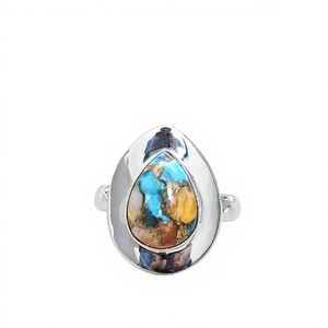 Bague artisanale en cuivre et turquoise, argent sterling 925 massif, cabochon, style occidental bohème, bijou en forme de goutte d'eau - Product Image 1