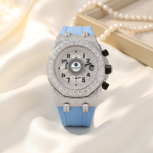 Montre chronographe de luxe à la mode avec diamants, 41 mm, analogique, cristal saphir, boîtier en acier inoxydable, mouvement à quartz, bracelet en caoutchouc - Product Image 6