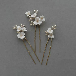 Rétro Simple fait à la main en céramique fleur mariée épingles à cheveux magnifiques perles d'eau douce <span class=keywords><strong>chignon</strong></span> épingle ensemble femmes <span class=keywords><strong>mariage</strong></span> casque accessoires - Product Image 1