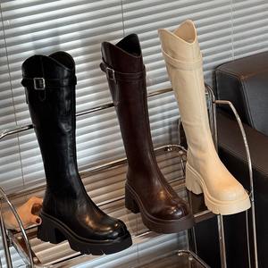 Nouvelles bottes pour femmes à talons épais et semelles compensées, style chevalier, sans bas de tige tombant, nouvelle collection automne, bottes longues en V - Product Image 5