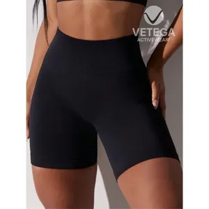 Shorts Deportivos de Cintura Alta sin Costuras para Mujer, Color Sólido Negro con Estampado de Semillas, para Yoga y Ejercicio - Product Image 2