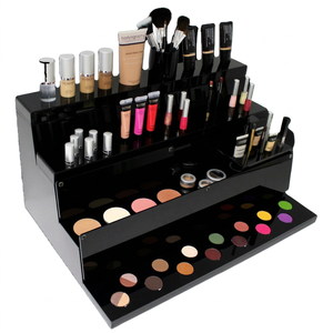 Moderno expositor de cosméticos acrílico de varios niveles con 3 estantes, organizador de escritorio negro brillante para productos de maquillaje - Product Image 1
