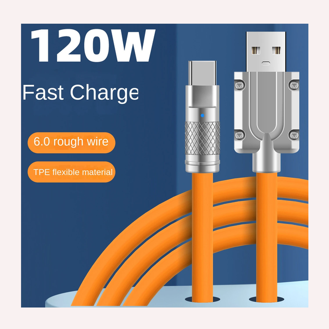 Fast Charging Silicone Wire Charging Cable Mobile Phone Type C Data Kabel Usb Data Cables Fast Charge Zinc Alloy 6A 120W V95