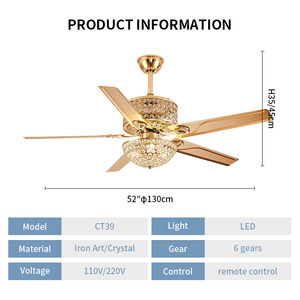 52 Inch Modern LED Lighting Remote Control Golden Ceiling Fan with <b>Light</b> - Product Image 3
