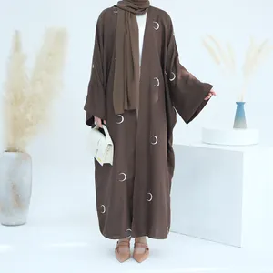 Islam Kaftan Dubai Abaya kadınlar müslüman elbise ay işlemeli hırka EID ramazan giyim Robe