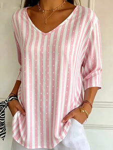 T-shirt Casual da Donna 2026 Stile Europeo Americano con Scollo a V, a Righe e <span class=keywords><strong>Pois</strong></span>, Manica Regolare, in Poliestere - Product Image 6