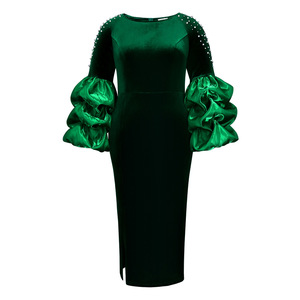 Robe de soirée élégante en velours perlé à manches bouffantes, fendue sur le côté, grande taille, style africain, avec foulard africain tendance pour l'automne - Product Image 4