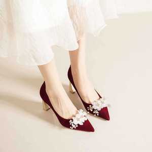 7777L-003 Escarpins de mariée en daim à bout pointu, talon carré, talon haut, décoration florale, chaussures de mariage confortables - Product Image 4