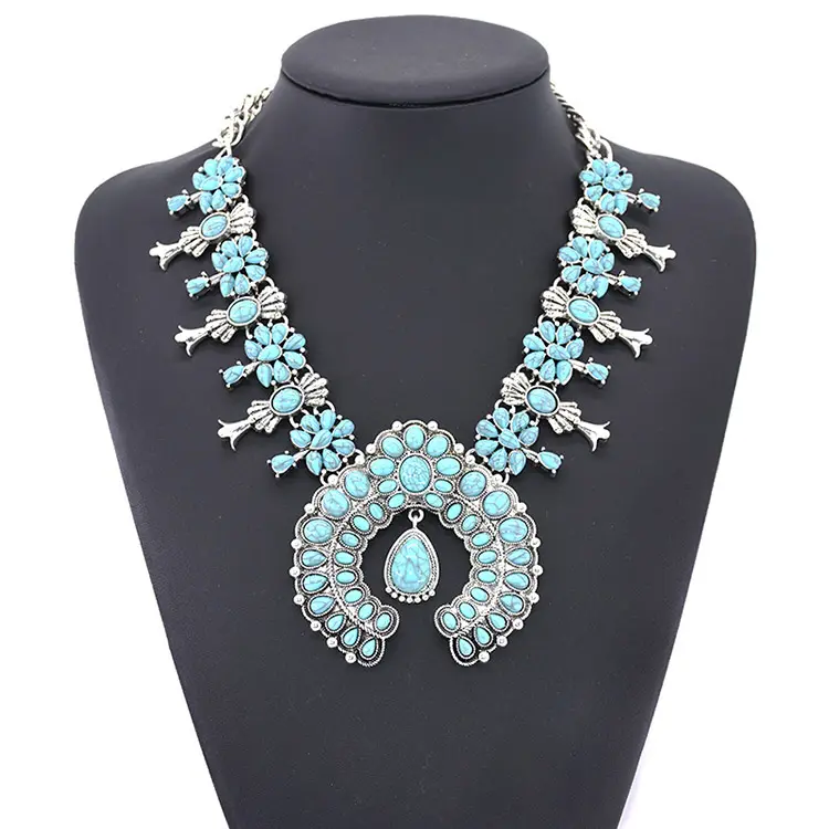 Bohemian fashion luxury charm alloy turquoise heart flower big statement pendant wedding jewelry necklaces for women