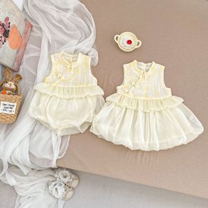 Kız Kardeşler Yazlık Yeni Bebek Kız Kolsuz Tulum Çin Tarzı Çocuk Prenses Elbisesi Tatlı Çocuk Kıyafetleri - Product Image 1