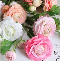 Fleurs artificielles haut de gamme à 3 têtes, toucher réel, ranunculus blanc et rose en latex pour décorations de Noël, de maison et de mariage