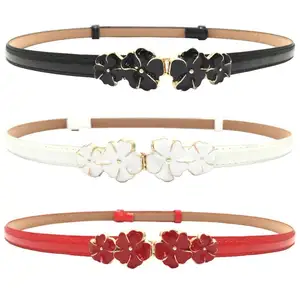 Adjustable Patent Leather Skinny Women Belt Thin Enamel Flower Waist Belts for Dresses with Golden Buckle