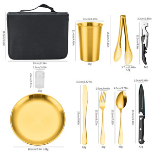 Stainless Steel Outdoor Cutlery Set 4 Person Portable <b>Camping</b> Knife Fork Spoon <b>Cup</b> Plate Gold Color Eco Friendly Storage - Product Image 1