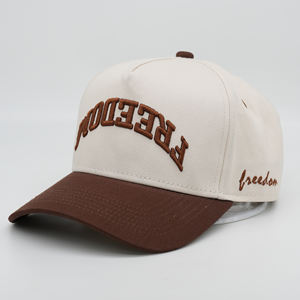 Geringe Mindestbestellmenge 100% Baumwolle Individuelles 3D-Stickerei-Logo Benutzerdefinierte Farbe Braun Zweifarbig A-Frame <span class=keywords><strong>5</strong></span>-<span class=keywords><strong>Panel</strong></span> Baseballkappe - Product Image 3