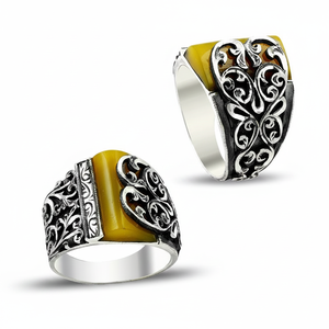 925K Sterling Silver Art Design Carved Turkish Men <b>Amber</b> <b>Ring</b> Handmade - Product Image 2